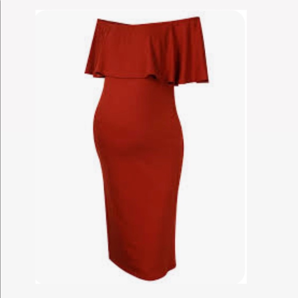 Off Shoulder Ruffle Midi Formal Maternity Dress Burgundy M